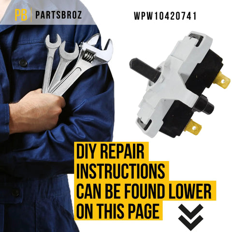 Push To Start Dryer Switch Replacement For Whirlpool Amana Roper Admiral Dryers Compatible With AP6021228 WPW10420741 shown next to tools