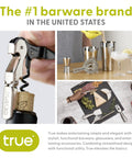 Collage of True barware brand including corkscrew opener, cocktail tools, and cheese board with accessories.