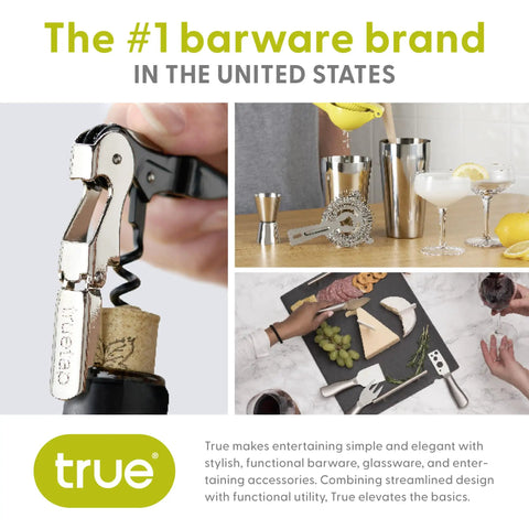 Collage of True barware brand including corkscrew opener, cocktail tools, and cheese board with accessories.