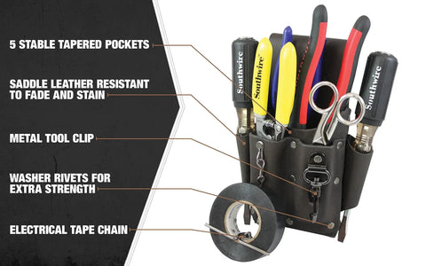Leather Tool Pouch With Five Pockets And Tape Chain, Fade Resistant, Durable Compartments With Washer Rivets, And Metal Clip Dark Brown