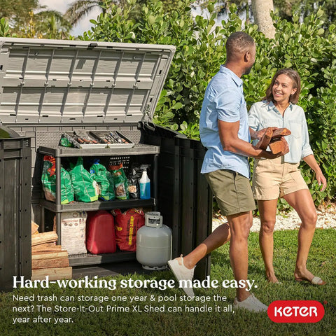 Heavy Duty Black Resin Outdoor Storage Shed With Double Doors And Smooth Roll Tracks For Trash Cans Garden Tools Pool Toys And Yard Gear Real Deal Backyard Flex