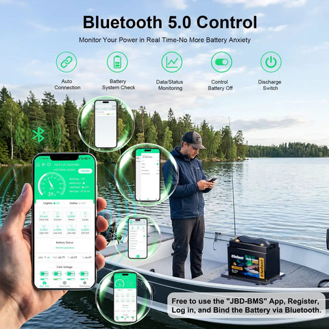 Bluetooth 5.0 control app showcasing Heavy Duty 24V 120Ah LiFePO4 Lithium Battery Group 31 for real-time monitoring on a boat.