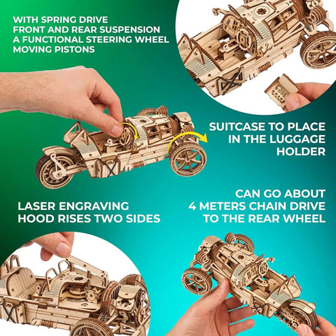 Three Wheeler UGR S DIY Wooden Model Kit With Spring Motor, Functional Steering, Chain Drive And Front Rear Suspensions, 3D Puzzle For Adults, Hands On Hobby Build To Impress Friends, wooden tricycle model