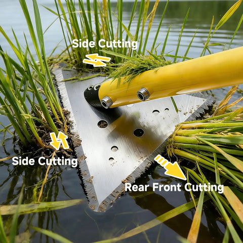 Extendable Pond Weed Cutter Kit With A Three-Sided Blade And Aluminum Poles For Cattails And Garden Weeds Angled Cutting Without Repositioning Durable Yellow Tool For Quick Yard Cleanup And Lawn Pond Maintenance, side cutting in pond weeds