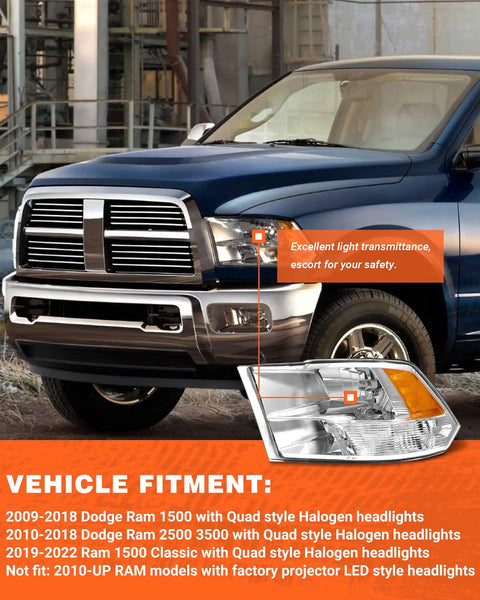 Dodge Ram Quad Beam Halogen Headlights Assembly Chrome Housing Amber Reflector Driver And Passenger Side For 2009 2018 Ram 1500