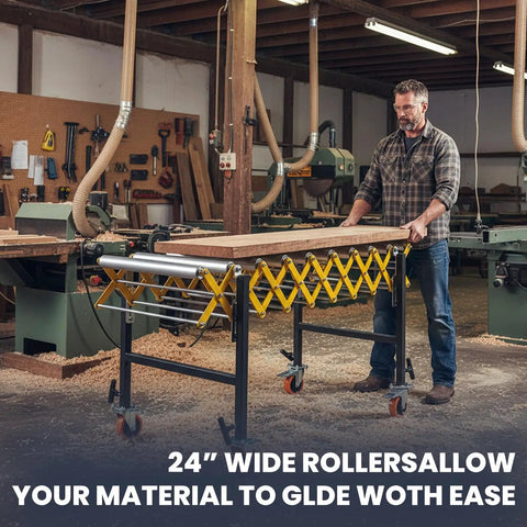 Heavy Duty Expandable Conveyor Roller With 1250 Lbs Hauling Capacity And Smooth Glide Skate Wheels Built For Fast Warehouse Workflows And Zero Sweat Tool Transport in woodworking shop.