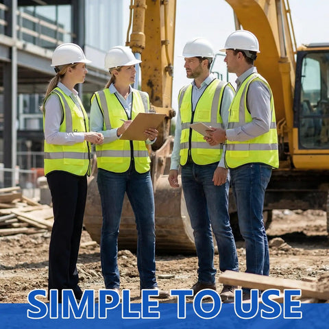 Group at construction site wearing All In One XL PPE Safety Kit With Glasses Earplugs Hard Hat Nitrile Gloves And Reflective Vest