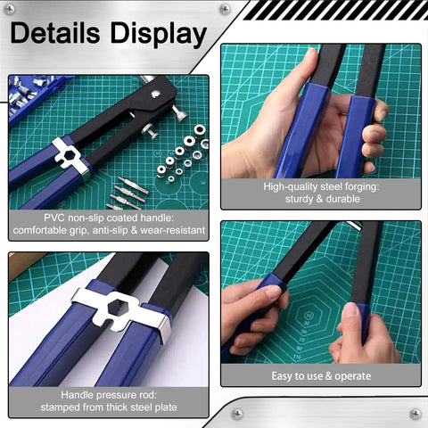 Details of Rivet Nut Tool Kit Pro Grade with 430 pcs, featuring non-slip handle, forging quality, and steel components.