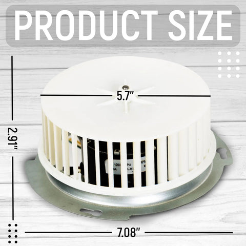 Upgraded 8832NA Bathroom Fan Blower Motor Replacement Fits A Range Of Models, shown with dimensions on white surface.