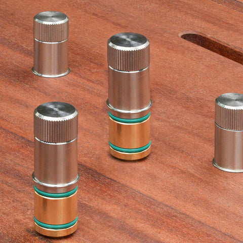 Pair Of Stainless Steel Table Positioning Pins For Woodworking Workbench Clamps Quick Lock Expansion Pins For Stable Stool Dogs Tool Free Setup For Fast Configurations on wooden surface