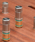 Two Pack Stainless Steel Quick Bench Dog Pins For MFT Tables And Woodworking Workbenches with precise hole alignment visible