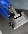 Close-up of Midwest seamer tong head with blue handle, 3-inch offset sheet metal bender.