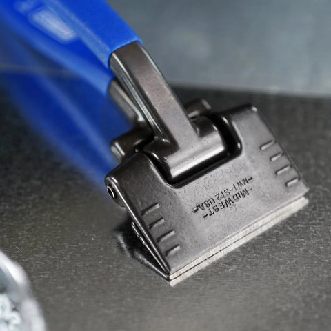 Close-up of Midwest seamer tong head with blue handle, 3-inch offset sheet metal bender.