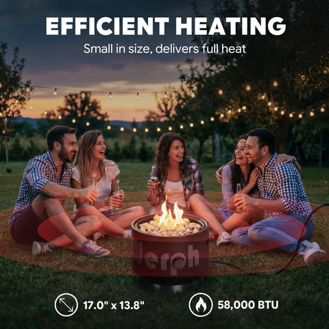 People sitting around a 17 Inch Compact Propane Fire Pit With 58000 BTU Lightweight Outdoor Heater for camping RV backyard picnics