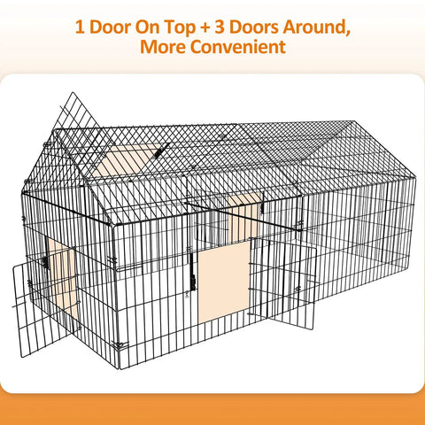 Heavy Duty Metal Chicken Coop With Cover, 86x40x39 Inches, showing 1 top door and 3 locking side doors for easy access.