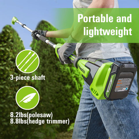 Person using Cordless 24V Polesaw And Hedge Trimmer Combo Kit With 8 Inch Polesaw Bar And 20 Inch Hedge Trimmer Pole