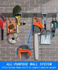 Heavy Duty Garage Tool Organizer Wall Mount Rack With 680 Pound Capacity And 10 Adjustable Hooks installed on brick wall