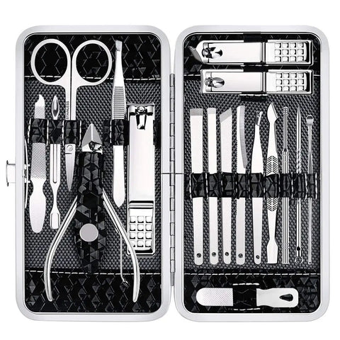 18 Piece Pro Grade Nail Care Set With Stainless Steel Manicure Pedicure Tools For Men And Women Includes Fingernail And Toenail Clippers Cutters Grooming Essentials In Leather Travel Case open view
