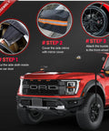 Installation process of Car Windshield Cover For Ice And Snow 70 X 50 Inch, Heavy Duty 600D Snow Shield on red truck.