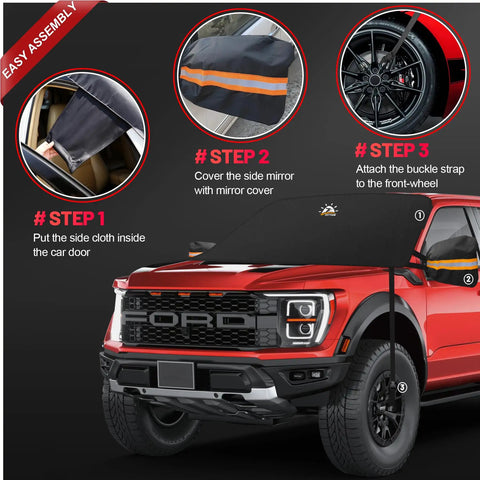Installation process of Car Windshield Cover For Ice And Snow 70 X 50 Inch, Heavy Duty 600D Snow Shield on red truck.