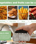 Stainless steel onion slicer holder with ergonomic black handle and crinkle-cut blades; multi-use kitchen gadget