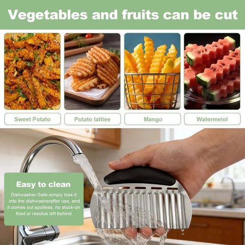 Stainless steel onion slicer holder with ergonomic black handle and crinkle-cut blades; multi-use kitchen gadget