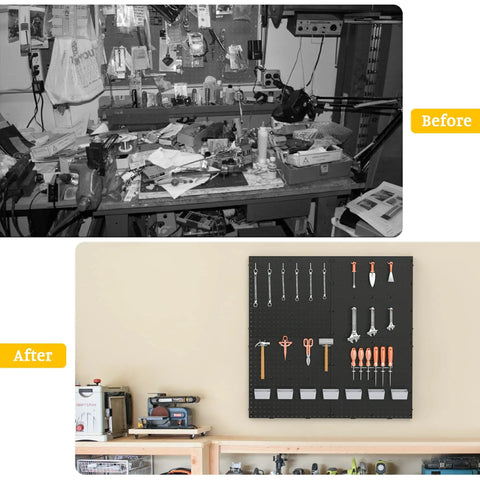Before and after setup with Black Plastic Pegboard Wall Organizer Panels, 4 Pack of 17.5x17.5 Inches in garage. Tools neatly arranged.
