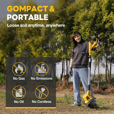 Person holding a 20V Cordless Garden Tiller Rototiller With 360 RPM, 9 Inch Tilling Width in a garden.