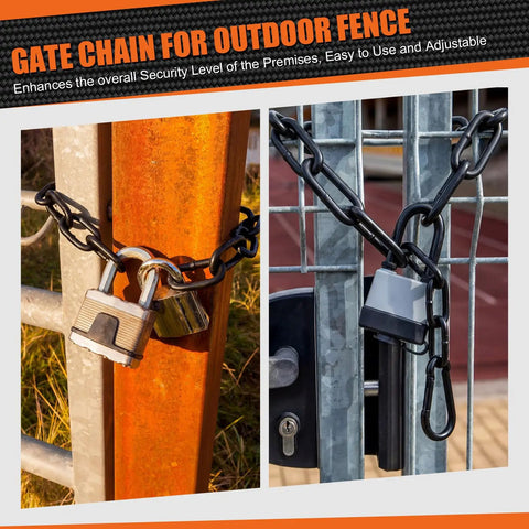 Tough As Nails Stainless Steel Gate Chain Locks 6 Pack Adjustable Link Chains With Both Ended Carabiners Solid Livestock Fence And Pet Cage No Fuss Yard Setup Black securing gates with padlocks.