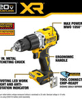 20V Max XR Brushless Cordless Hammer Drill With Anti Rotation System And Two Speed Control Tool Only Half Inch Chuck For Heavy Duty Drilling And Driving Delivers Up To 109 Percent More Power For Tough Jobs, showing ergonomic handle and features.