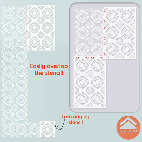 Big Floral Wall Stencil Set 24 By 38 Inches XL Allover Pattern With Free Edging Stencil Two Piece Kit on light blue wall.