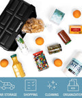 Collapsible Storage Bins 32L Three Pack Heavy Duty Stackable Crates with groceries and cleaning supplies around