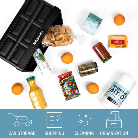 Collapsible Storage Bins 32L Three Pack Heavy Duty Stackable Crates with groceries and cleaning supplies around