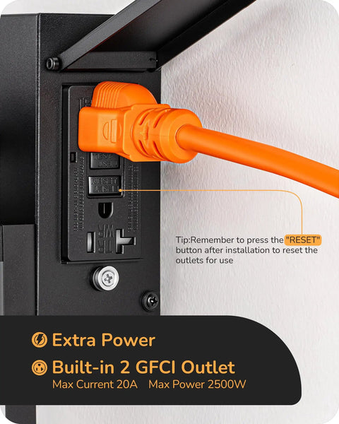 Close-up of Built Tough Black Motion Sensor Outdoor Wall Light With Dusk Till Dawn Auto Sense and Built In Two Electrical Outlets for Plugging Yard Gear.