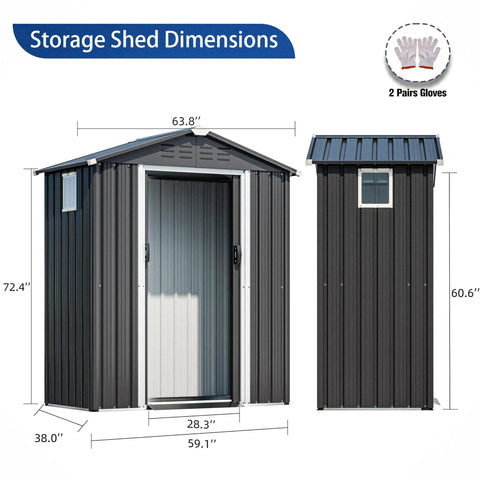 5x3 Ft Metal Outdoor Garden Storage Shed Waterproof with Window and Lockable Double Doors Durable Steel Tool Storage