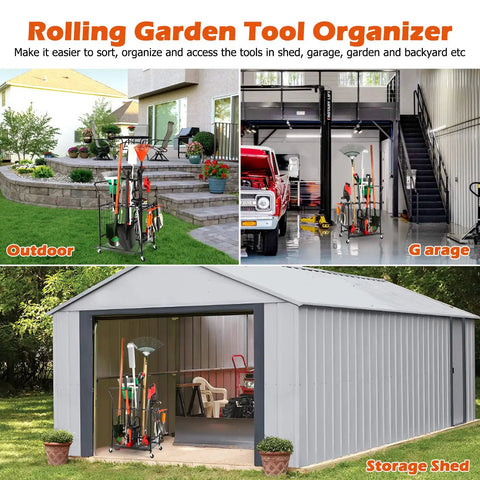 Garden Tool Organizer On Wheels Heavy Duty Steel Tool Tower For Shed Garage Backyard Stores 30 Plus Tools On A Black Locking Cart From Leaf Blowers To Long Handle Rakes Easy Access And Mobile Storage