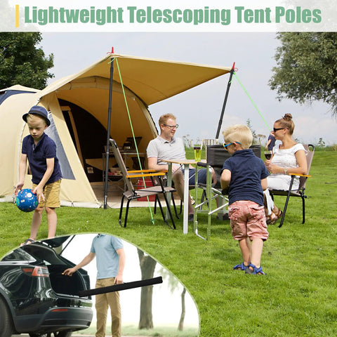 Family camping setup with a tent canopy supported by Telescoping Tarp Poles 4 Section Adjustable Aluminum Heavy Duty Poles 8.7 Feet Shade Sail Canopy Support For Camping And Outdoors Durable 80 Lb Load Black 2 Piece Set.