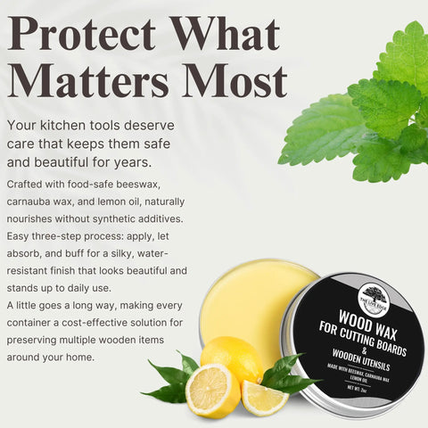 Food Grade Beeswax Wood Polish For Cutting Boards And Butcher Blocks in a tin with lemon and mint leaves for natural finish.