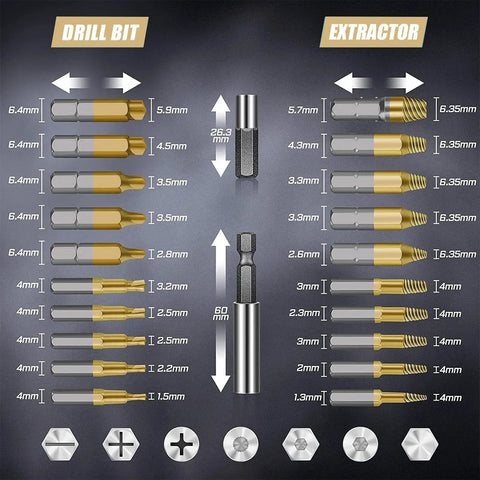 22 Piece Titanium Screw Extractor Set For Quick Removal Of Rusty And Stripped Screws And Broken Bolts Easy Out Kit Works With Any Drill 3 To 12 Mm High Speed Steel Durable DIY Tool Gift For Men, showing drill bits and extractors with size details.