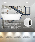 8 Inch Square Slim Recessed LED Downlight in modern indoor setting with selectable color temperatures for versatile lighting.