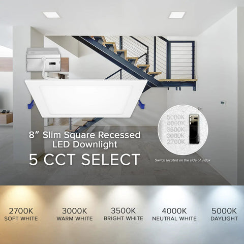 8 Inch Square Slim Recessed LED Downlight in modern indoor setting with selectable color temperatures for versatile lighting.