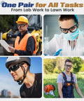 All Day Comfort Anti Fog Safety Goggles shown in lab, construction, cycling, and mowing environments for men and women.