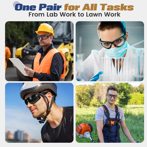 All Day Comfort Anti Fog Safety Goggles shown in lab, construction, cycling, and mowing environments for men and women.