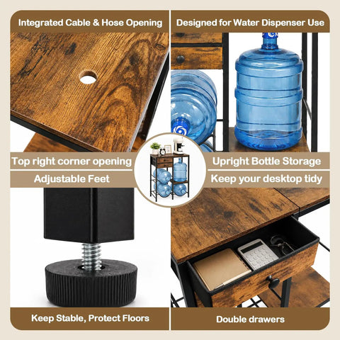 5 Gallon Water Jug Holder With 4 Slots Sturdy Water Dispenser Stand With Drawers And Wood Shelves detail features view