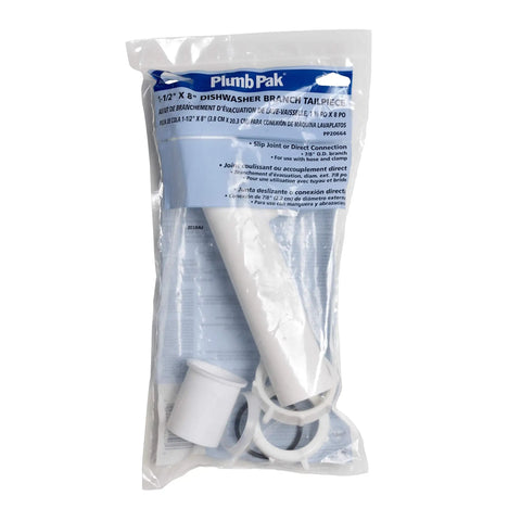 Packaged Dishwasher Drain Branch Tailpiece, One And One Half Inch Inlet, Eight Inch Long, Three Quarter Inch OD Branch