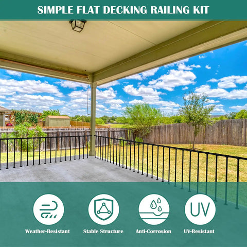 Heavy Duty Metal Deck Railings Kit With Balusters For Porch And Balcony Easy Install Outdoor Wrought Iron Flat Rail System Rust Resistant Powder Coated Finish 34 Inch High By 4 Foot Wide Black featured on a porch with a scenic view.