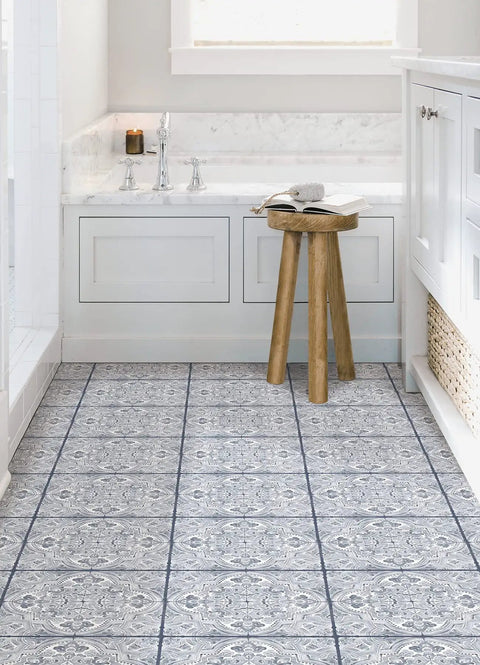 Bathroom with Hastings Peel And Stick Vinyl Floor Tiles Blue Medallion Pattern Water Resistant 12 In By 12 In installed on floor