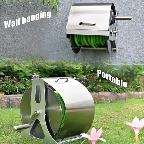 Smooth As Butter Wall Mounted Retractable Garden Hose Reel With Heavy Duty Stainless Steel Cart For Easy 30 Meter Storage, wall mounted and portable.