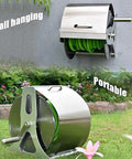 Heavy Duty Retractable Garden Hose Reel Wall Mounted Stainless Steel Cart showing wall mount and portable design outdoors.