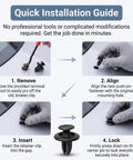 Universal Bumper Retainer Clip Kit 100Pcs Auto Push Pin Rivets And Fastener Remover Tool Durable Nylon Pro Grade Car Trim Fasteners For Cars SUVs Trucks Fender Bumper Clips Set For Easy Install installation guide showing remove, align, insert, and lock steps